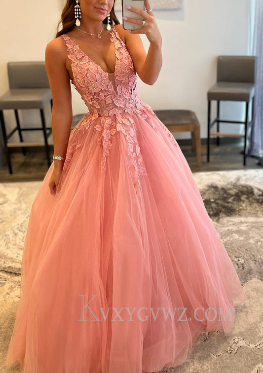 Coral  V-neck Tulle Appliqued  Prom Dress with Beadings LF077