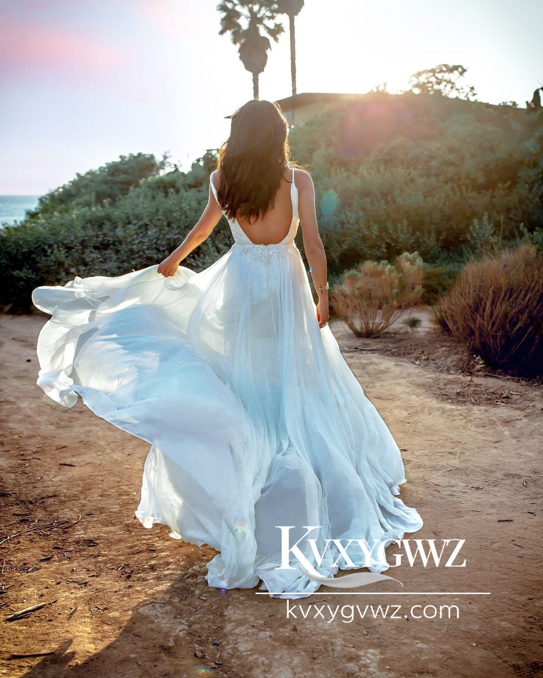Bohemian A Line V Neck Chiffon Wedding Dresses Gown with Appliques HS770