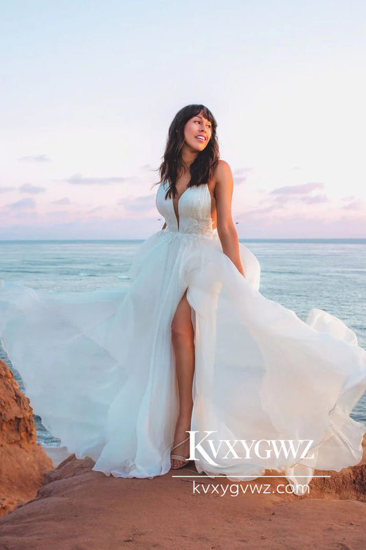 Bohemian A Line V Neck Chiffon Wedding Dresses Gown with Appliques HS770