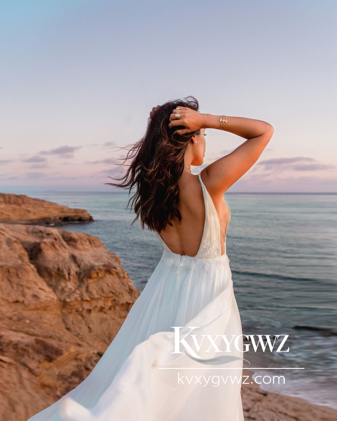 Bohemian A Line V Neck Chiffon Wedding Dresses Gown with Appliques HS770