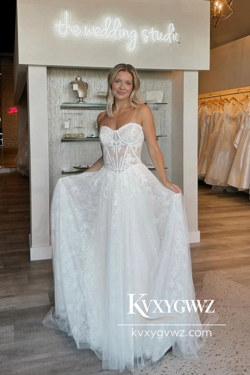 Glamorous A-Line Strapless Tulle Lace Wedding Dresses Gown HS771