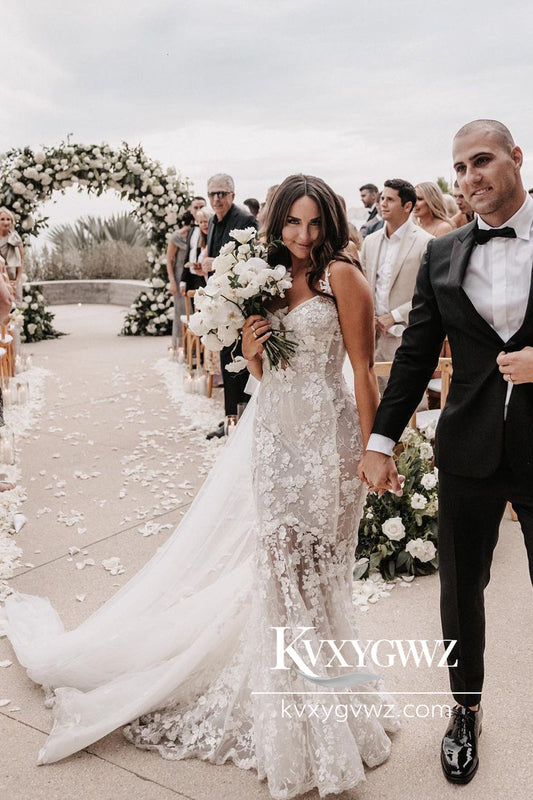 Bohemian Mermaid V Neck Lace Tulle Long Wedding Dresses Gown with Appliques HS773