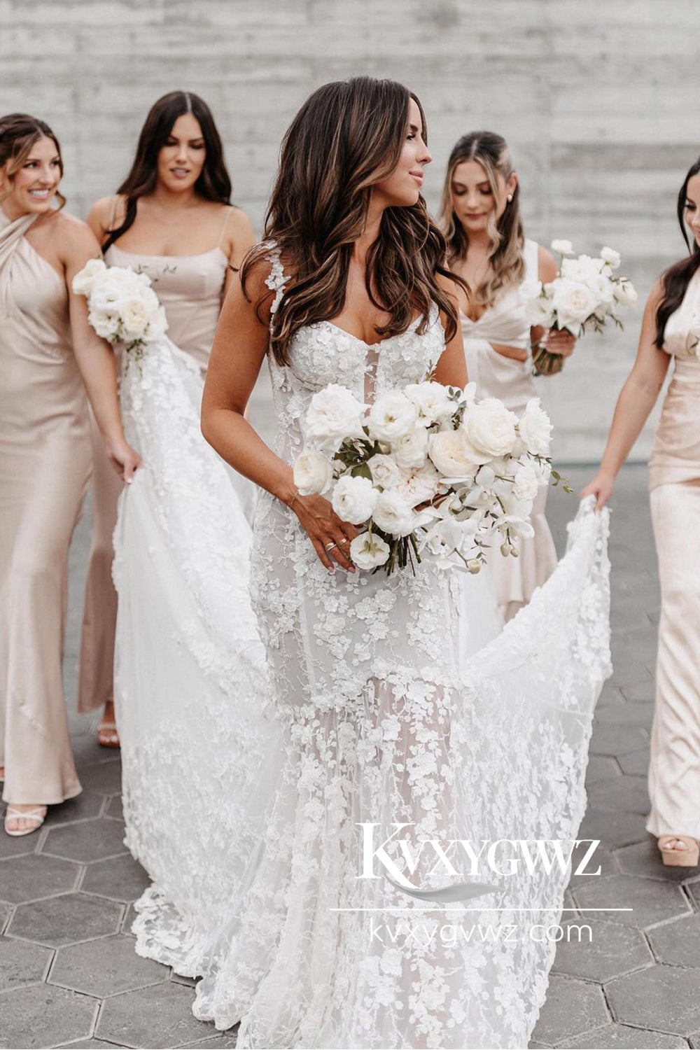 Bohemian Mermaid V Neck Lace Tulle Long Wedding Dresses Gown with Appliques HS773
