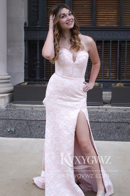Stunning Mermaid Sweetheart Evening Gown Jacquard Satin Slit Prom Dress with Ruffled Back LF774