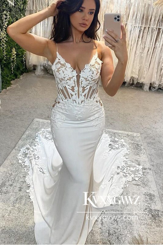 Glamorous Graceful Mermaid V Neck Wedding Dresses Gown with Appliques HS774