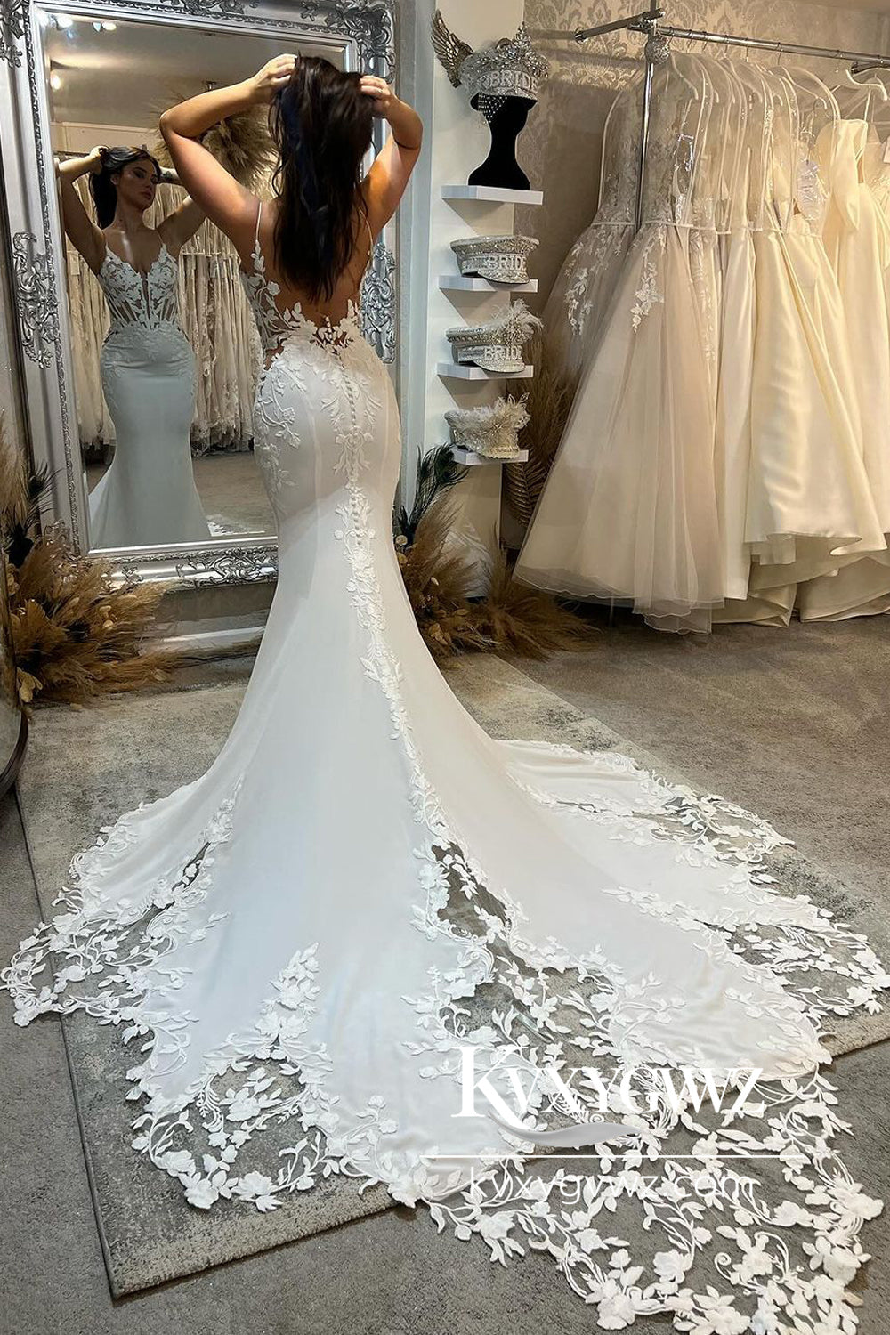 Glamorous Graceful Mermaid V Neck Wedding Dresses Gown with Appliques HS774