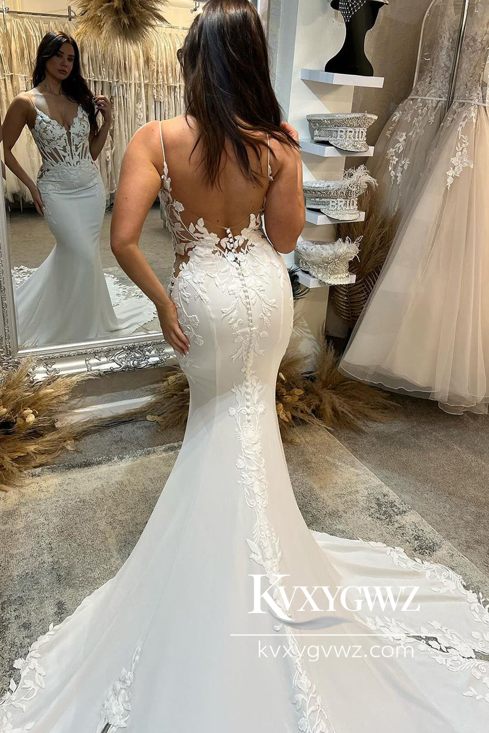 Glamorous Graceful Mermaid V Neck Wedding Dresses Gown with Appliques HS774