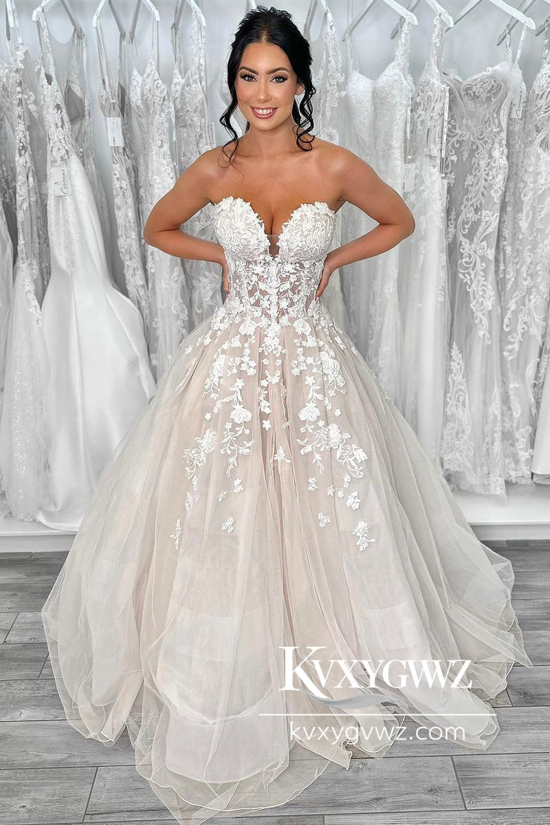 Ball Gown Sweetheart Tulle Wedding Dresses Gown with Appliques HS775