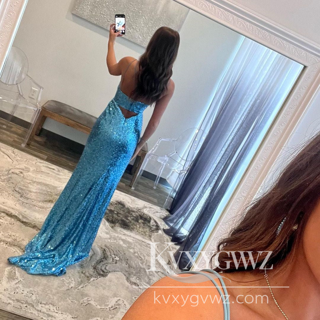 Glitter Mermaid Evening Gown V Neck Blue Sequins Long Prom Dress with Slit LF776