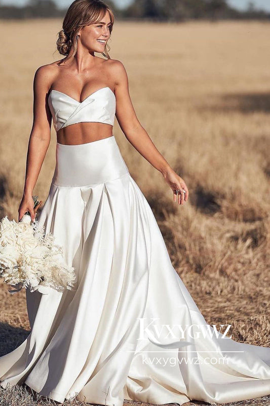 Glamorous A Line Two Piece Sweetheart Satin Wedding Dresses Gown With Sweep Train HS776