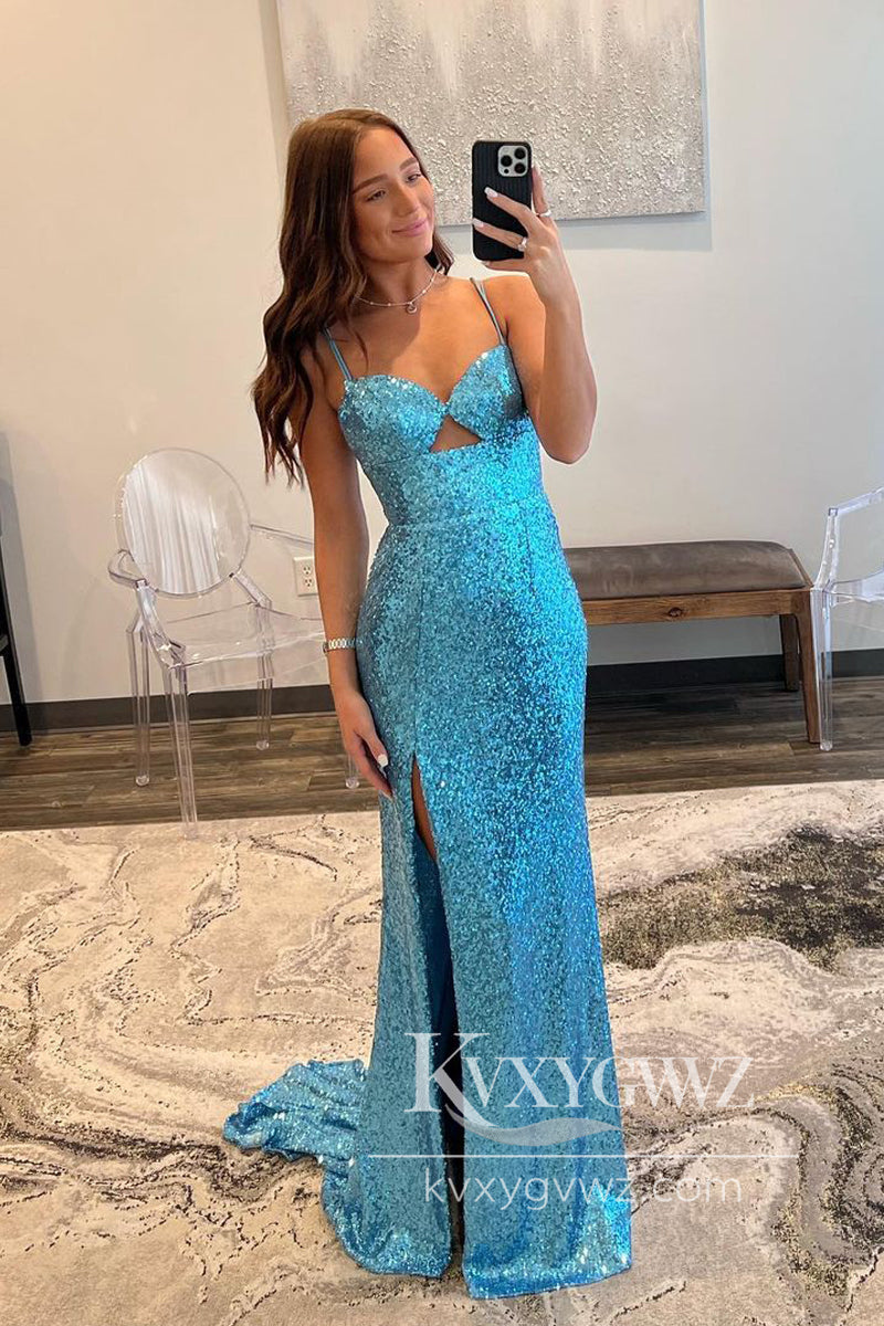 Glitter Mermaid Evening Gown V Neck Blue Sequins Long Prom Dress with Slit LF776