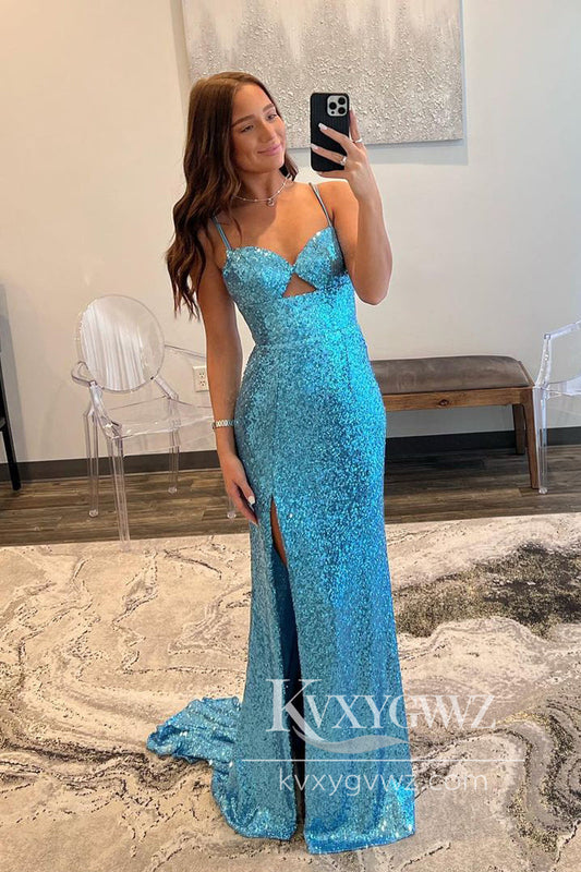 Glitter Mermaid Evening Gown V Neck Blue Sequins Long Prom Dress with Slit LF776