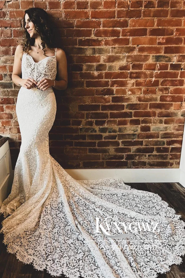 Bohemian Mermaid V Neck Lace Beach Wedding Dresses Gown With Sweep Train HS777