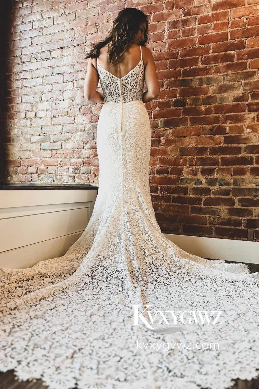 Bohemian Mermaid V Neck Lace Beach Wedding Dresses Gown With Sweep Train HS777