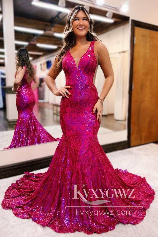 Fuchsia Deep V Neck Sequin Lace Evening Gown Mermaid Long Prom Dress LF778