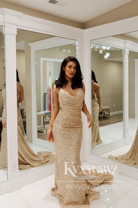 Gold Cowl Neck Sequins Evening Gown Mermaid Lace Up Long Prom Dress LF779