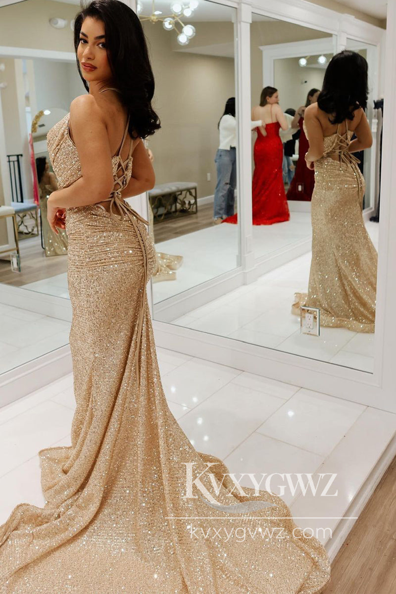 Gold Cowl Neck Sequins Evening Gown Mermaid Lace Up Long Prom Dress LF779