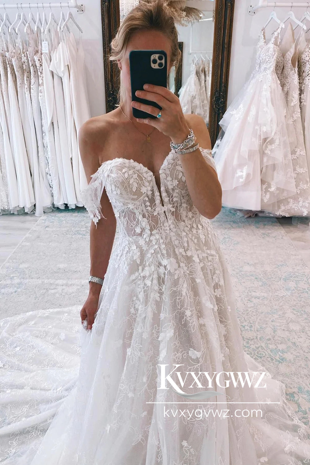 Boho A-Line Off the Shoulder Lace Wedding Dresses Gown With Sweep Train HS779
