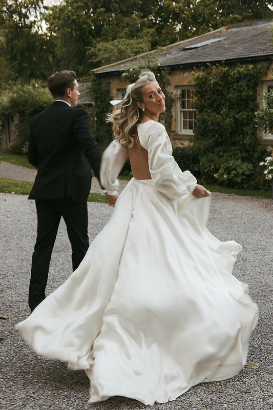 Dazzling A Line V Neck White Satin Wedding Dresses Gown with Ruffled Sleeves HS889