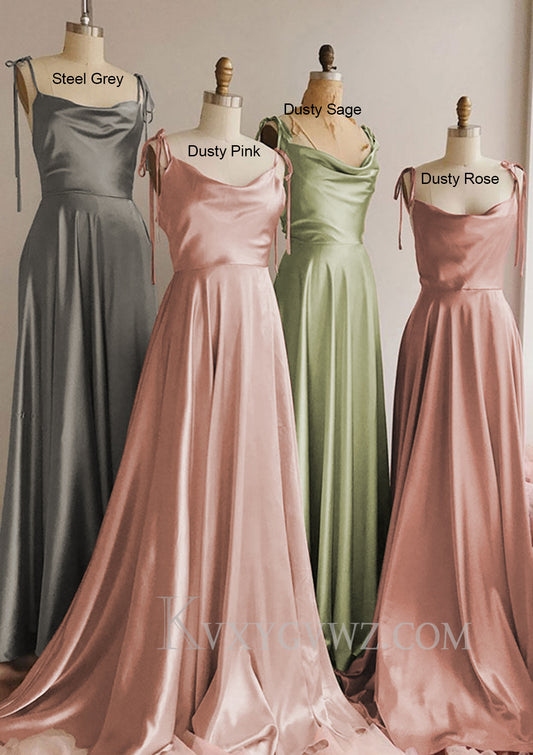 Dusty Sage Satin A Line Spaghetti Strap Sweep Train Prom Dress LF078