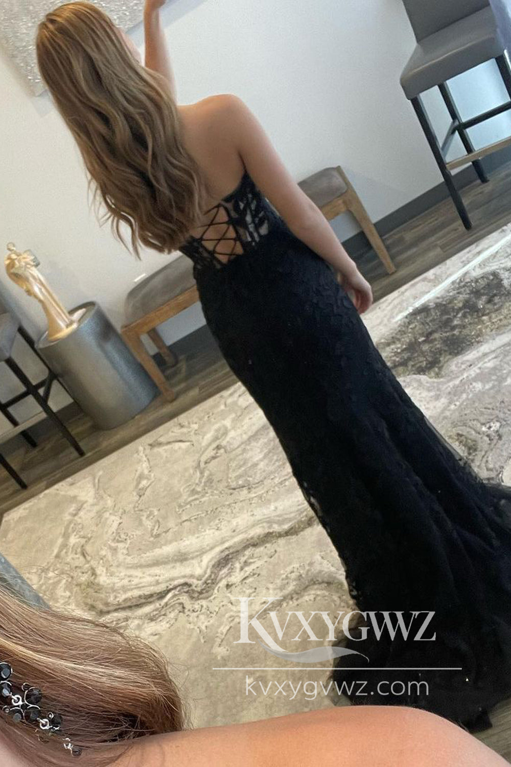 Stunning Mermaid Evening Gown Sweetheart Black Lace Beaded Prom Dress with Slit LF780