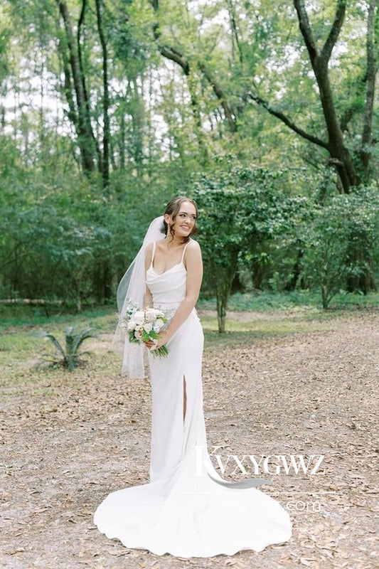Glamorous Mermaid Cowl Neck Satin Wedding Dresses Gown with Slit HS780