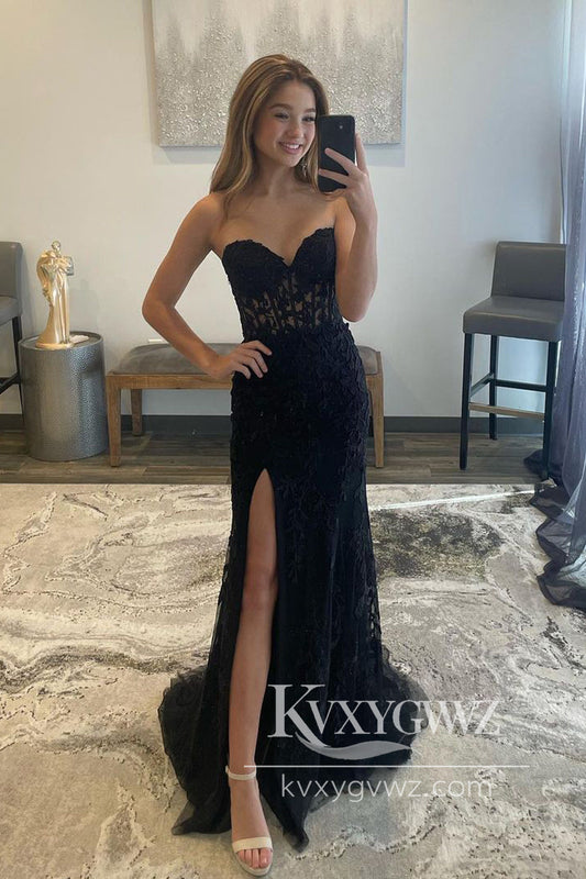 Stunning Mermaid Evening Gown Sweetheart Black Lace Beaded Prom Dress with Slit LF780