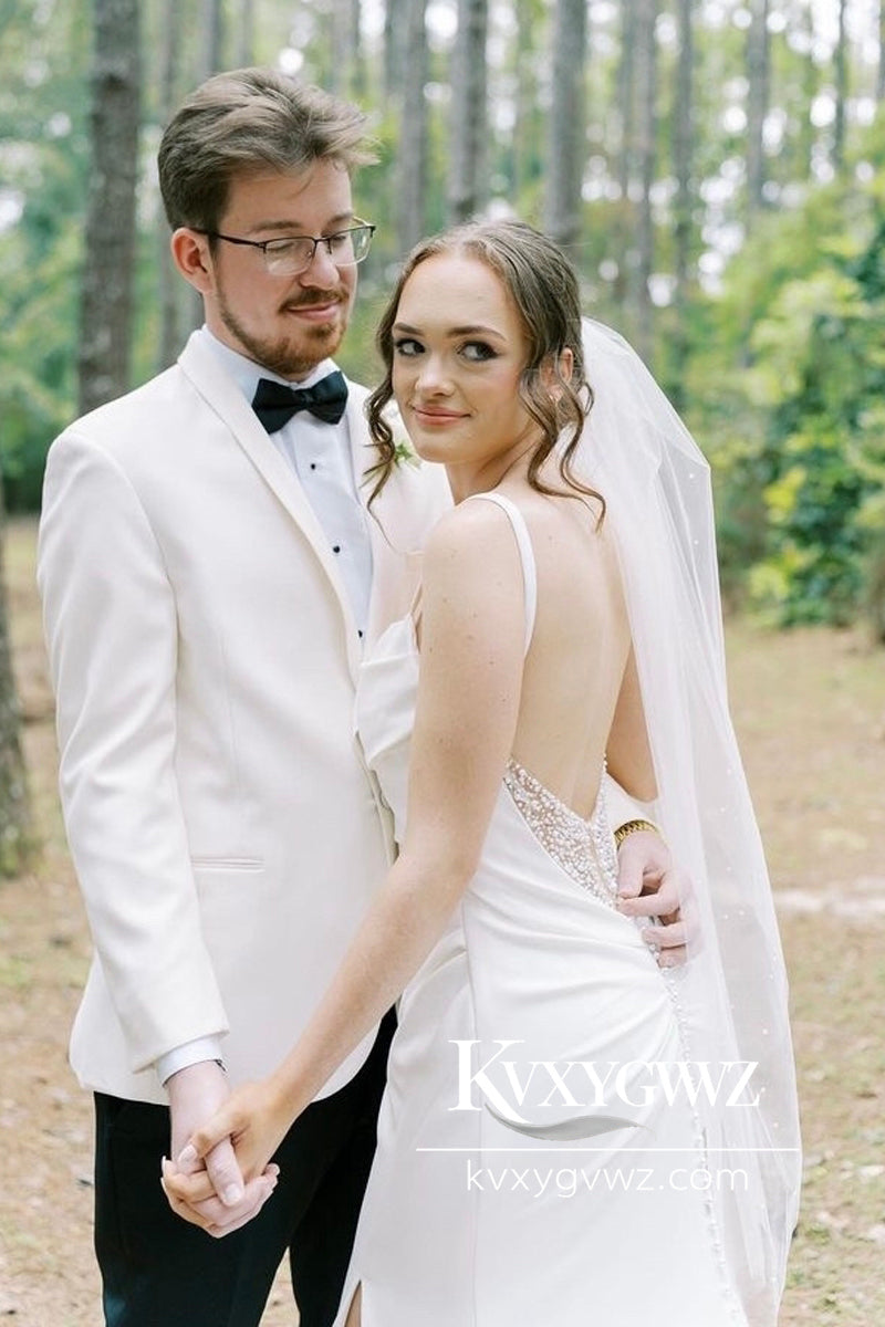 Glamorous Mermaid Cowl Neck Satin Wedding Dresses Gown with Slit HS780