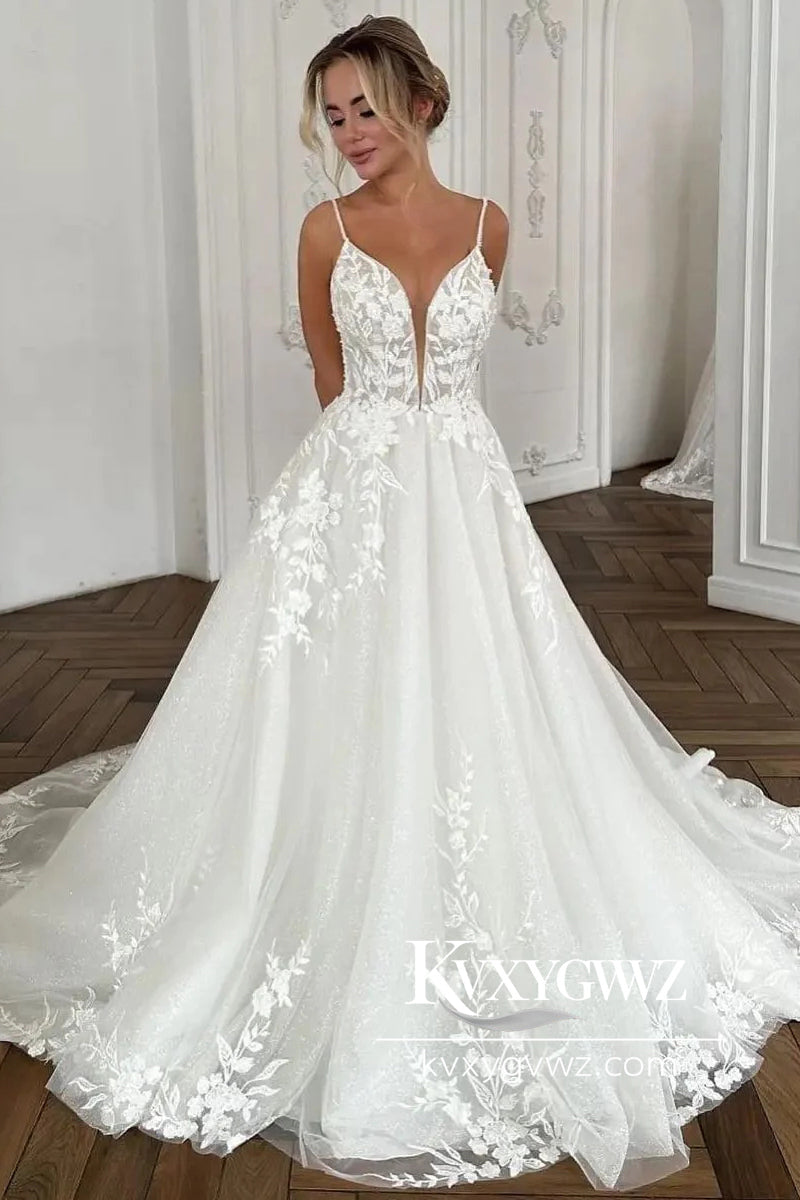 Glamorous A Line V Neck Tulle Long Wedding Dresses Gown with Appliques HS781