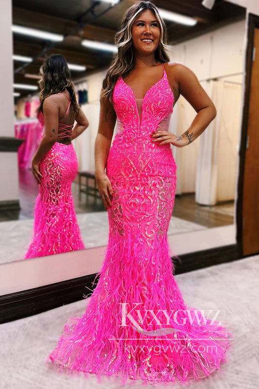 Fuchsia V Neck Sequin Lace Evening Gown Mermaid Long Prom Dress with Feather LF781