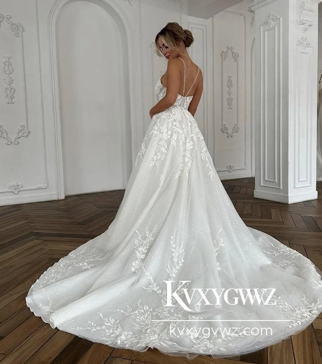 Glamorous A Line V Neck Tulle Long Wedding Dresses Gown with Appliques HS781