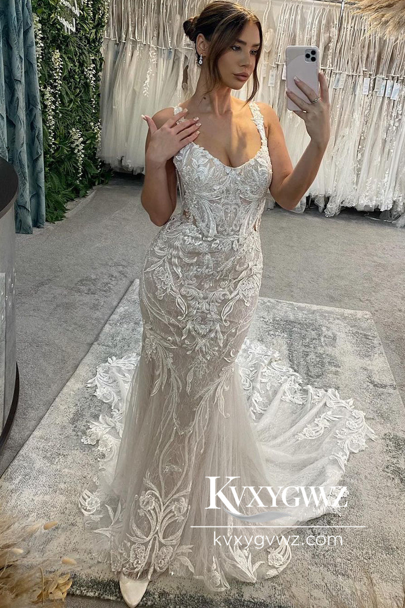Glamorous Mermaid Round Neck Lace Wedding Dresses Gown With Sweep Train HS782