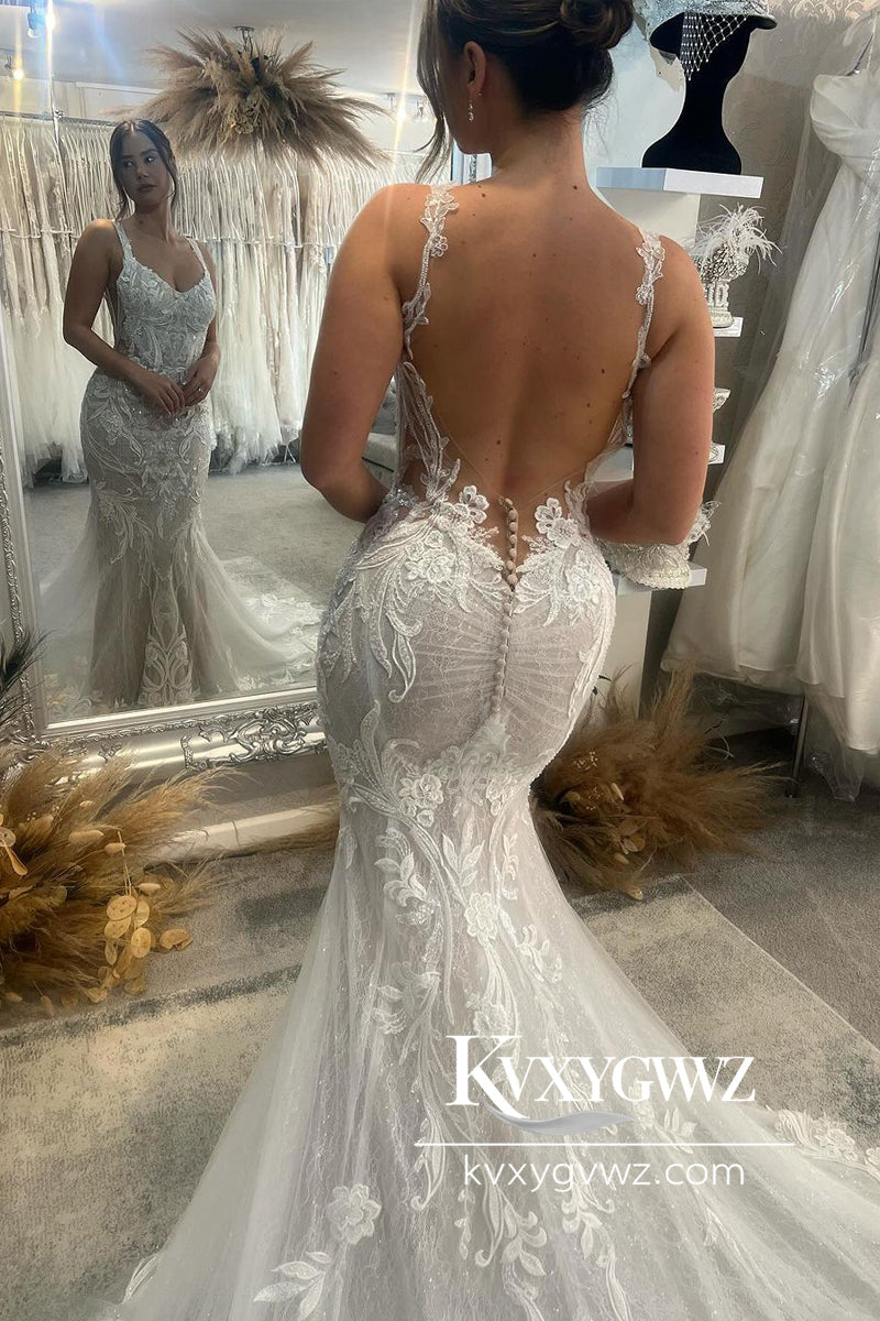 Glamorous Mermaid Round Neck Lace Wedding Dresses Gown With Sweep Train HS782