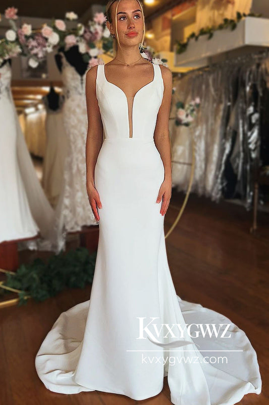 Glamorous Graceful Mermaid V Neck Elastic Satin Long Wedding Dresses Gown with Button HS783