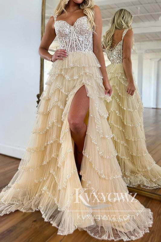 Glitter Champagne Corset Tiered Evening Gown Long Tulle Sweetheart Prom Dress with Slit LF784
