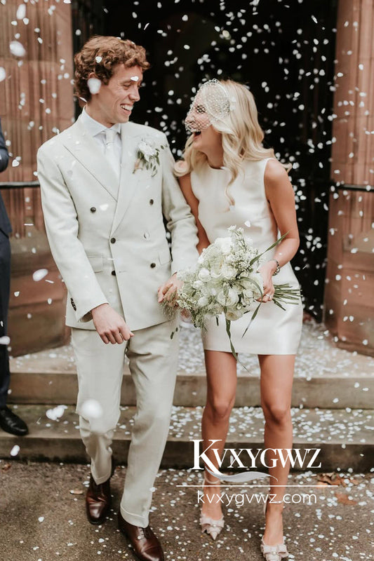 Sheath Round Neck Twill Satin Short Wedding Dress HS785