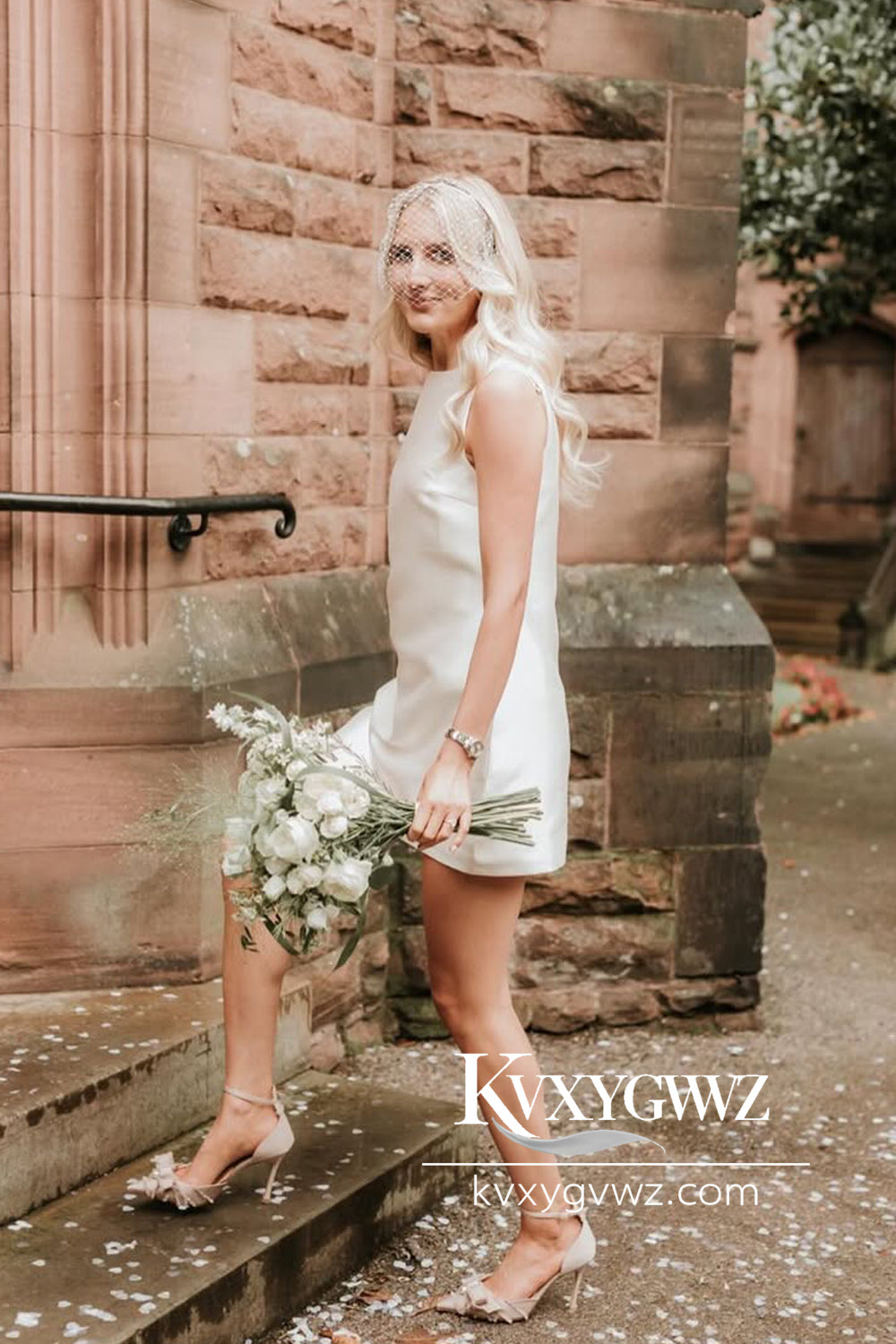 Sheath Round Neck Twill Satin Short Wedding Dress HS785