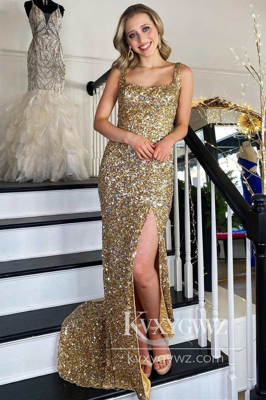 Gold Sequin Square Neck Backless Evening Gown Mermaid Long Formal Prom Dress with Slit LF785
