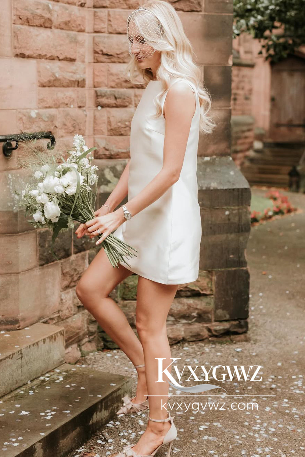 Sheath Round Neck Twill Satin Short Wedding Dress HS785