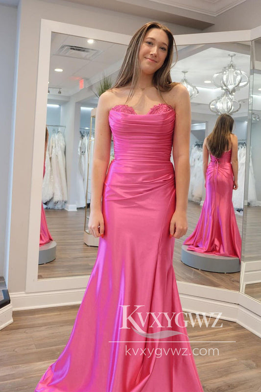 Mermaid Sweetheart Evening Gown Pink Satin Long Prom Dress With Appliques LF786