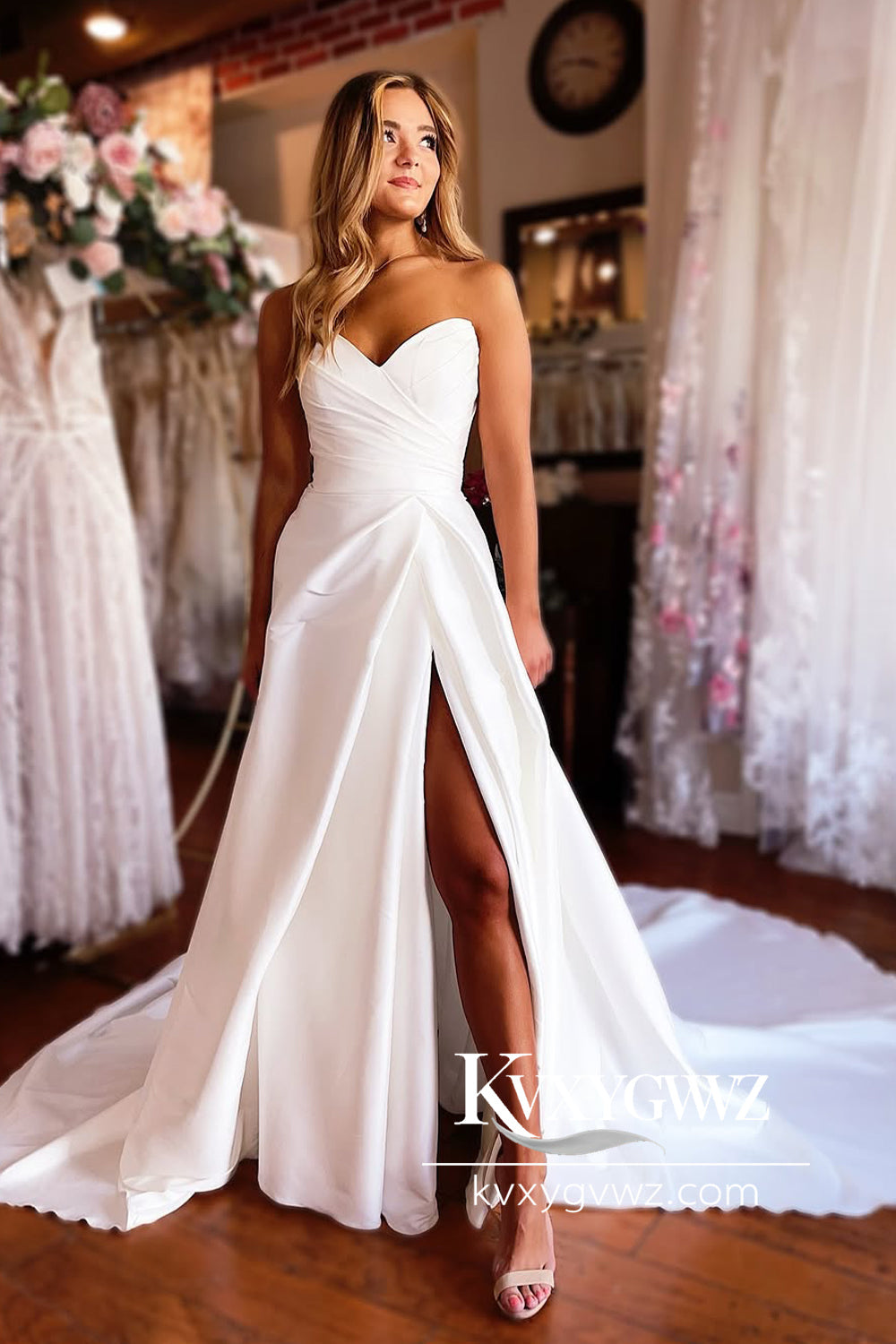 Modern Ball Gown Sweetheart Satin Long Wedding Dresses Gown with Slit HS787