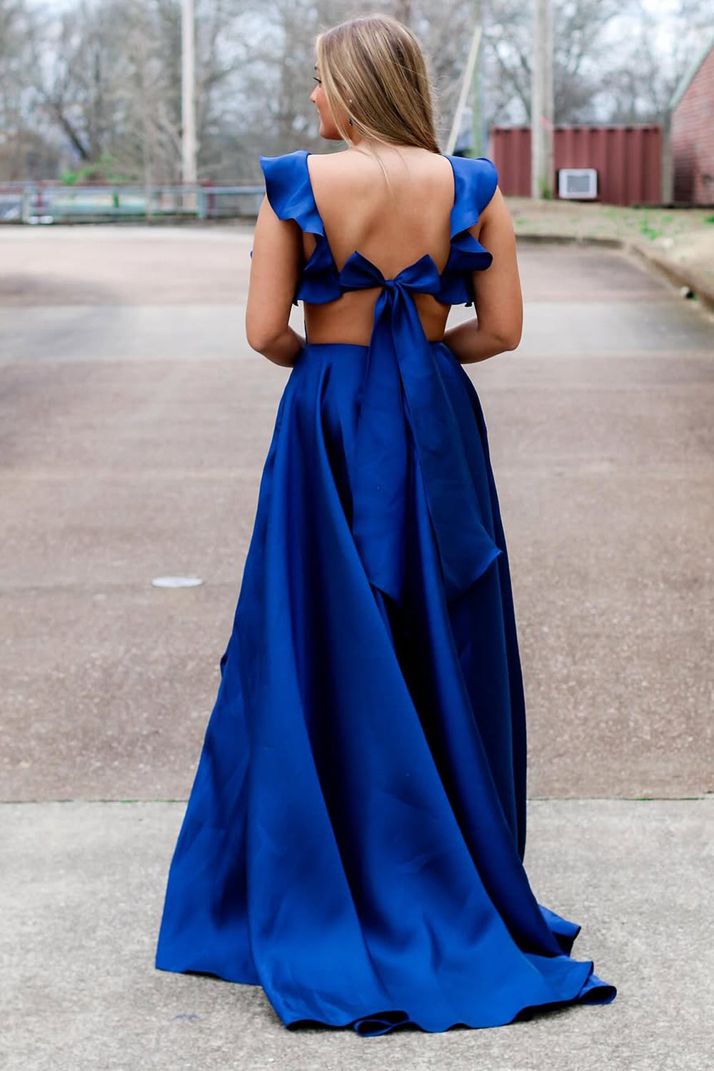 A-Line Square Neck Royal Blue Satin Long Prom Dress Gown with Bowknot LF1286