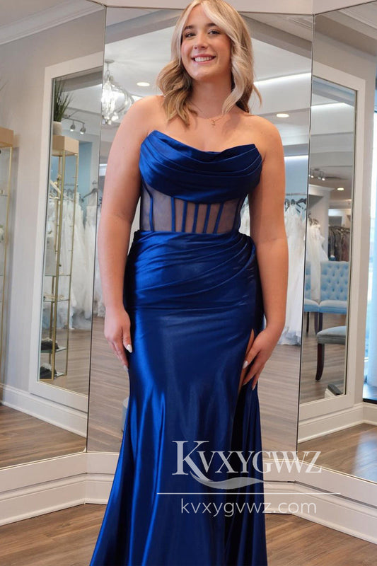 Mermaid Strapless Evening Gown Navy Blue Satin Long Prom Dress LF788