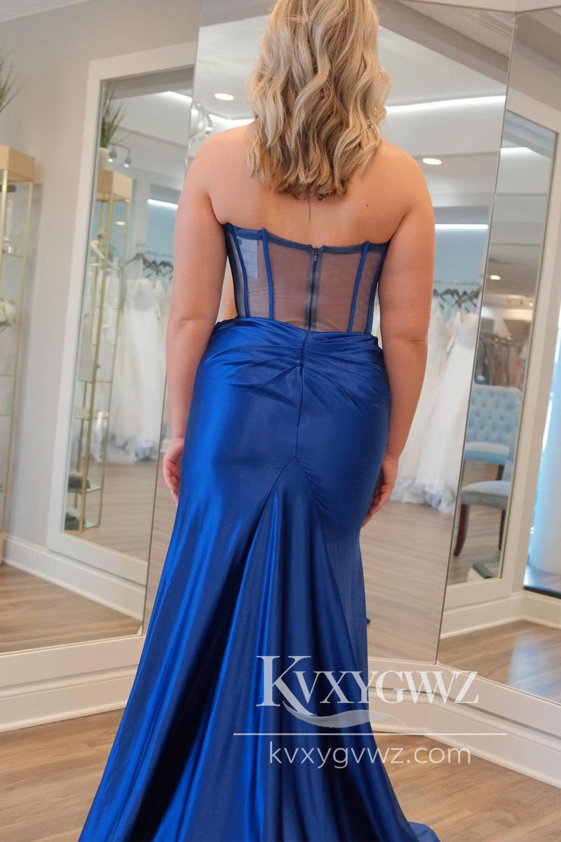 Mermaid Strapless Evening Gown Navy Blue Satin Long Prom Dress LF788