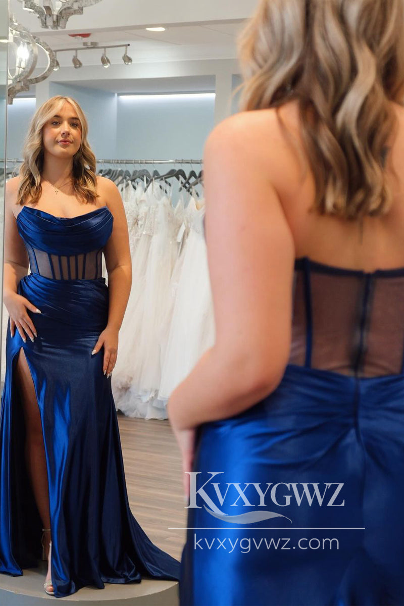 Mermaid Strapless Evening Gown Navy Blue Satin Long Prom Dress LF788