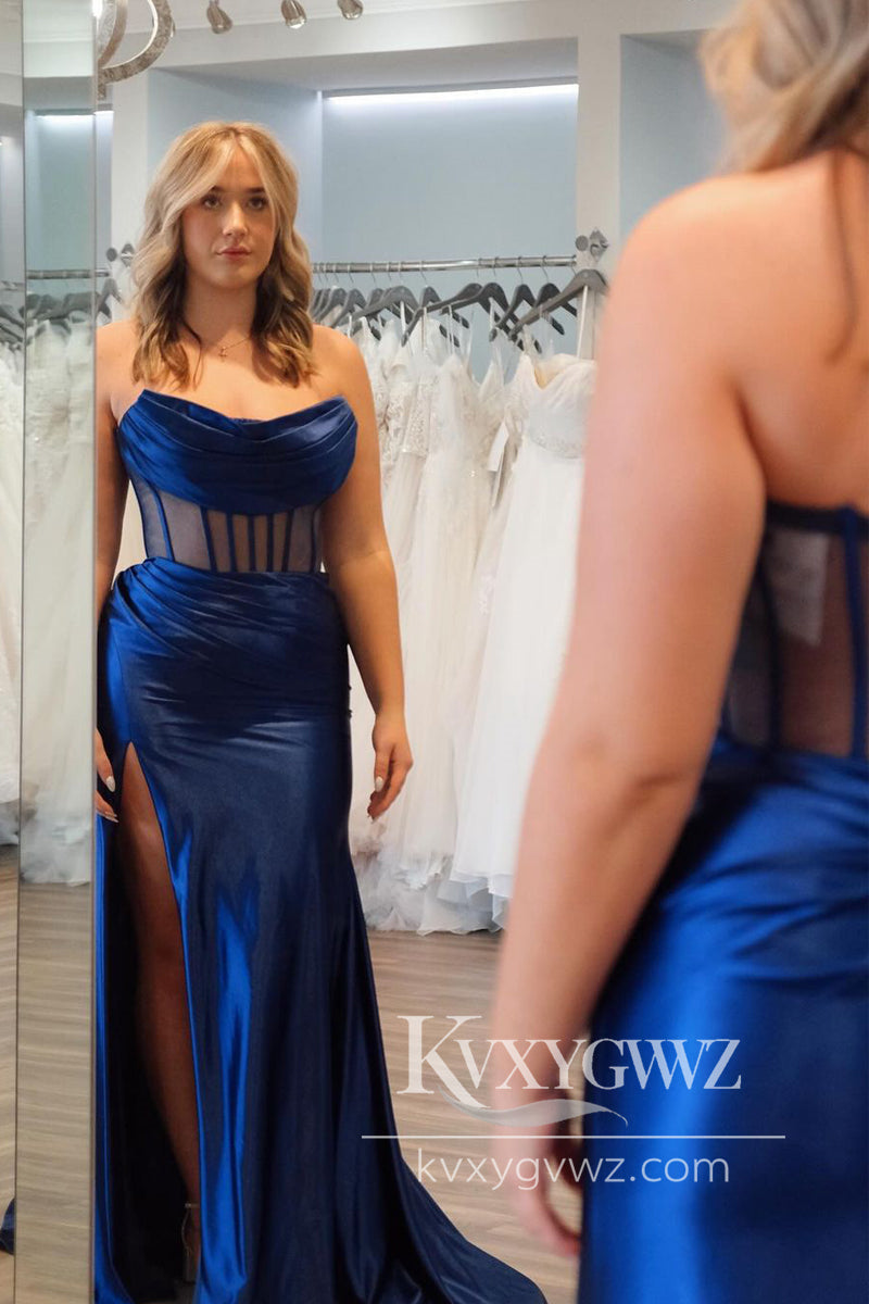 Mermaid Strapless Evening Gown Navy Blue Satin Long Prom Dress LF788