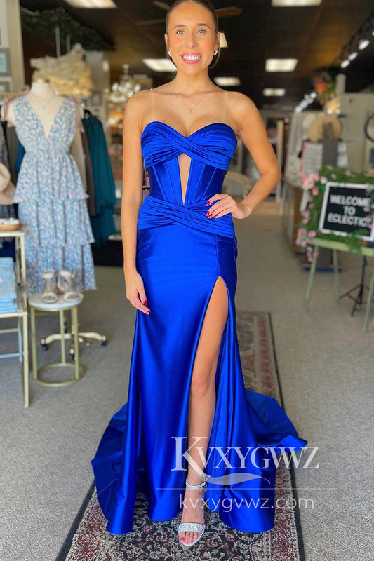 Stunning Mermaid Sweetheart Evening Gown Royal Blue Satin Long Prom Dress Gown with Slit LF789