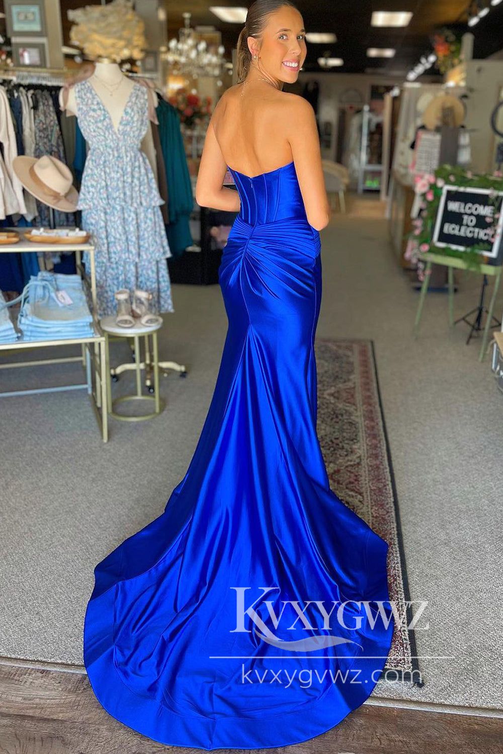 Stunning Mermaid Sweetheart Evening Gown Royal Blue Satin Long Prom Dress Gown with Slit LF789
