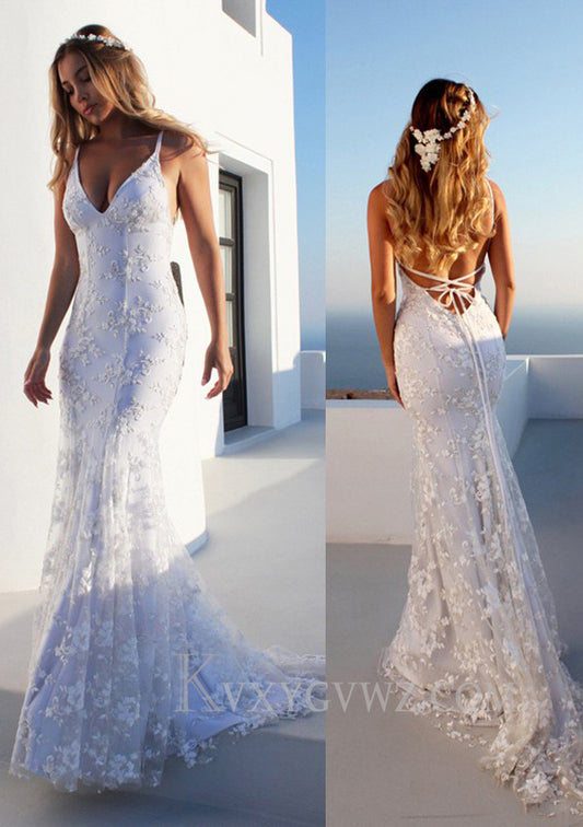 Trumpet/Mermaid Spaghetti Straps V-neck Court Train Lace Prom Dress LF079