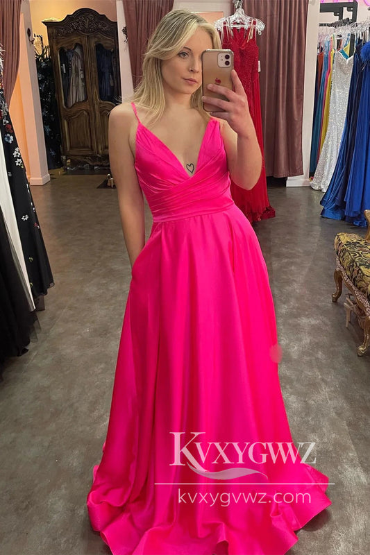 Fuchsia Plunging V Neck Straps Evening Gown A-line Satin Long Prom Dress with Slit LF790